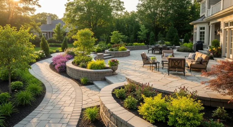 Complete hardscaping design featuring stone pathways, patio, and terraced retaining walls in residential backyard