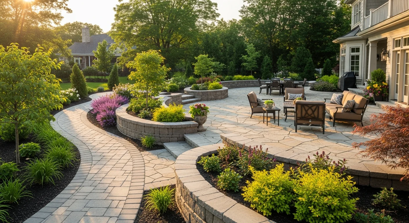 Complete hardscaping design featuring stone pathways, patio, and terraced retaining walls in residential backyard