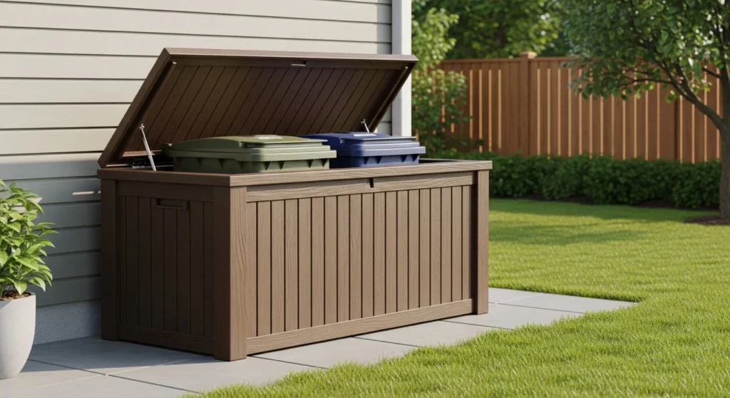 Horizontal resin storage shed concealing outdoor trash cans with hinged lid