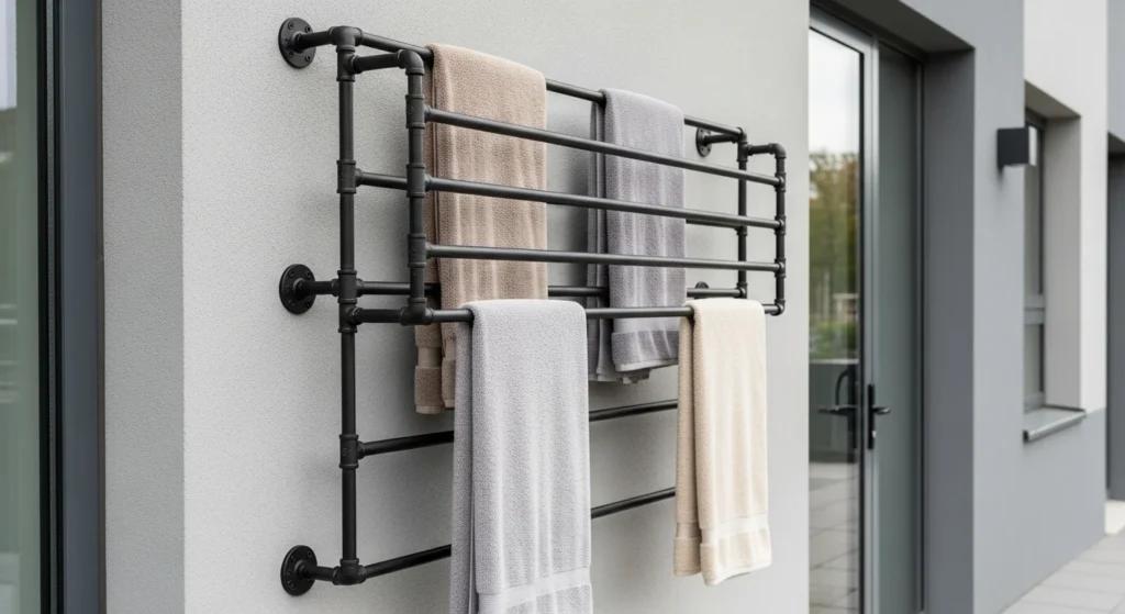 Black iron pipe towel rack with industrial fittings mounted on gray wall holding neutral towels