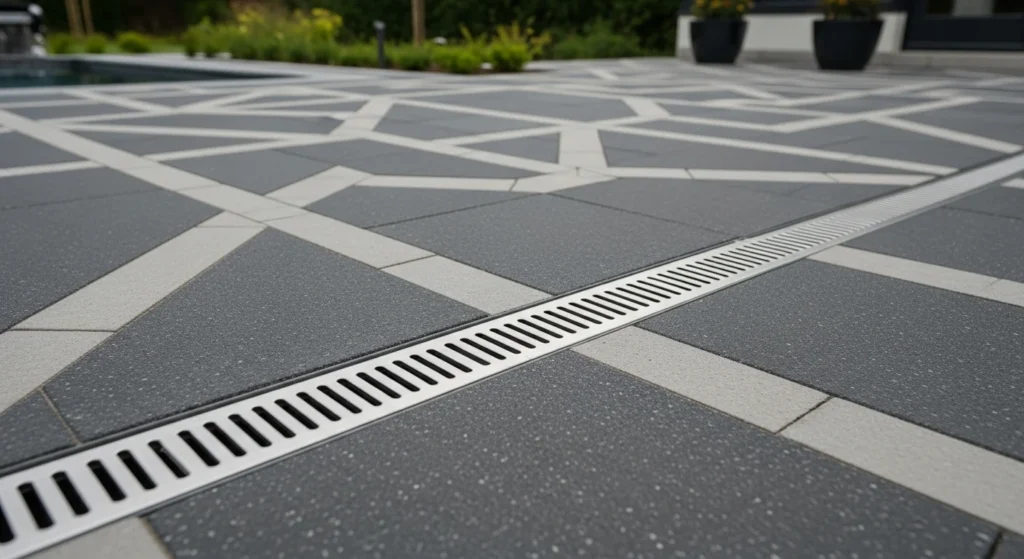 Linear channel drain system with stainless steel grate in modern patio.