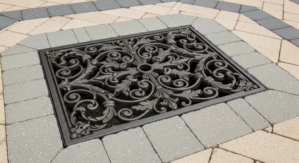 Decorative cast iron storm drain grate with ornamental scrollwork pattern in patio