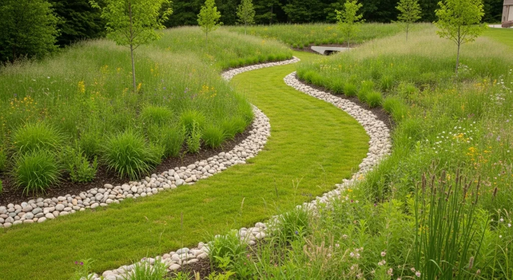 Vegetated drainage swale with native plants leading to storm drain