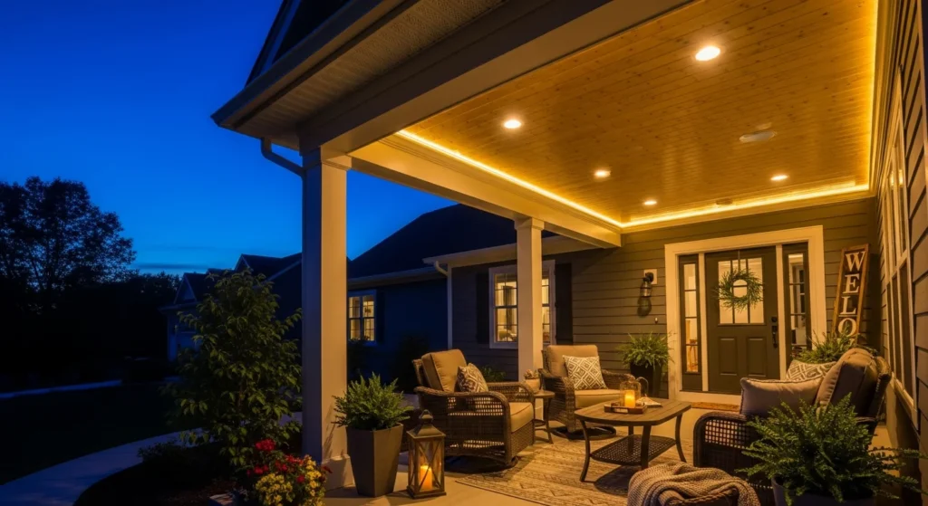  Front porch beams with built-in LED lighting creating ambient illumination at dusk