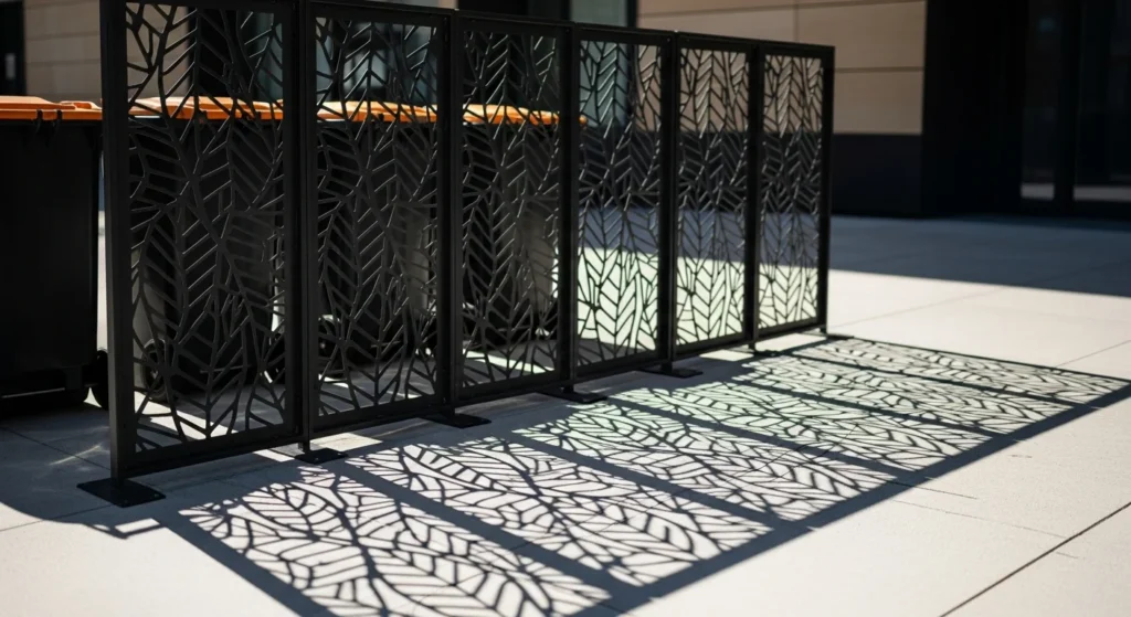 Decorative laser-cut metal screen panels concealing trash cans with geometric design