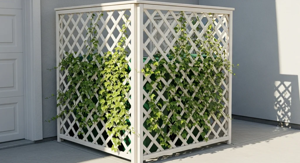 Three-sided lattice screen with climbing vines concealing outdoor garbage bins