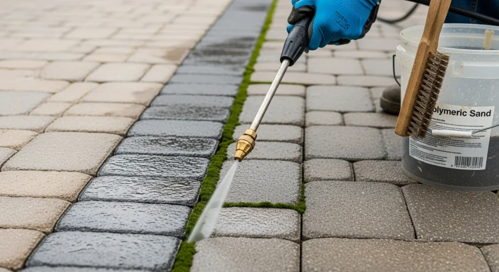 Patio maintenance showing power washing and joint sand application for hardscaping care