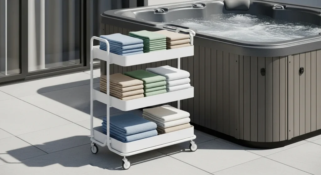 White rolling cart with tiered storage holding folded colorful towels on modern patio near hot tub