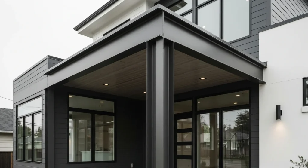 Contemporary front porch design with sleek black steel beams creating modern architectural lines