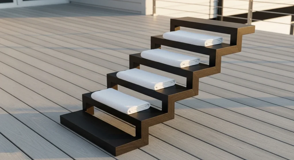 Modern geometric stepped towel rack with horizontal bars at increasing heights holding towels on contemporary deck
