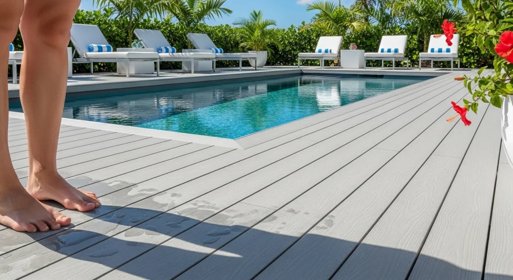 Light-colored PVC decking around a pool area remaining cool under direct sunlight for barefoot comfort