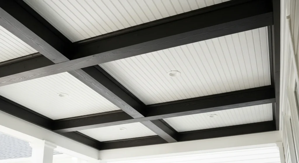 White painted porch ceiling with dark contrasting wooden beams creating classic high-contrast design