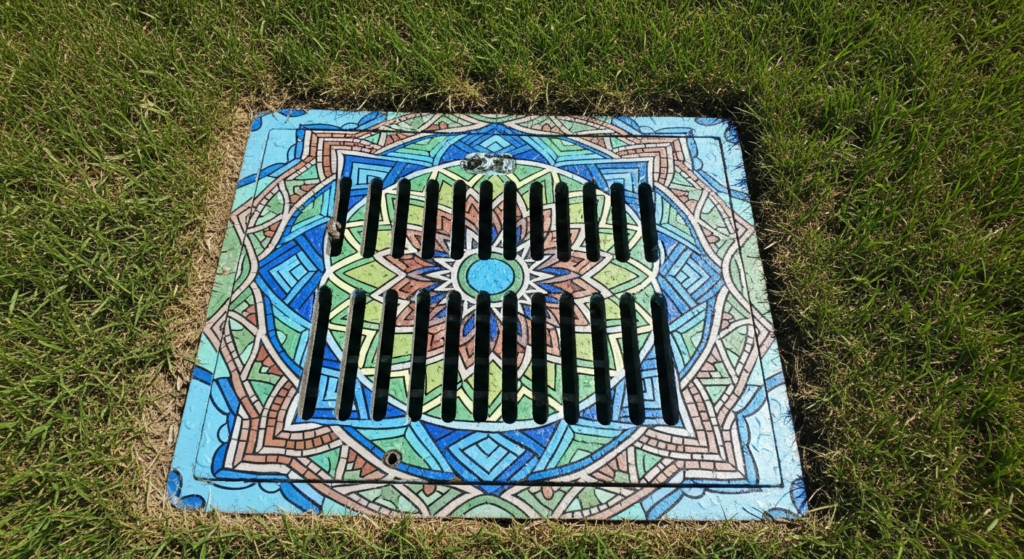 Storm drain grate painted with colorful mandala design as artistic treatment.