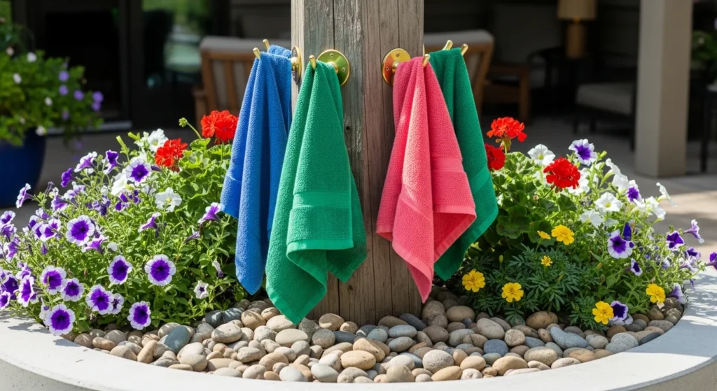 Wooden towel post in decorative planter filled with river rocks and flowers holding towels on patio
