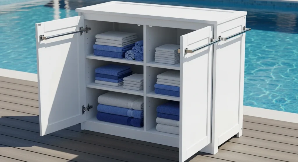 White outdoor storage cabinet with chrome towel bars beside pool showing organized towel storage inside