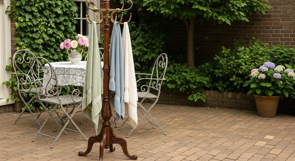 Ornate vintage coat rack with brass hooks holding towels on brick patio in traditional garden setting