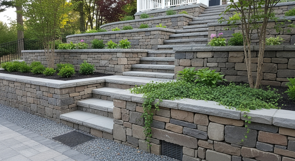 Terraced retaining wall with storm drain integrated at base level