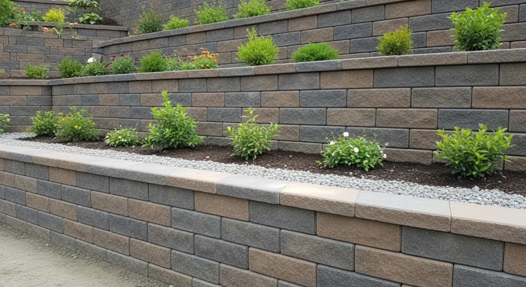 Durable multi-tiered retaining wall with segmental blocks on sloped terrain
