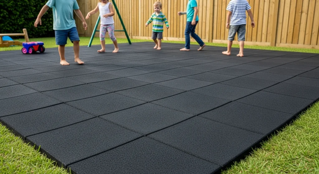 Interlocking rubber paver tiles in charcoal color providing cushioned barefoot-friendly surface for outdoor spaces