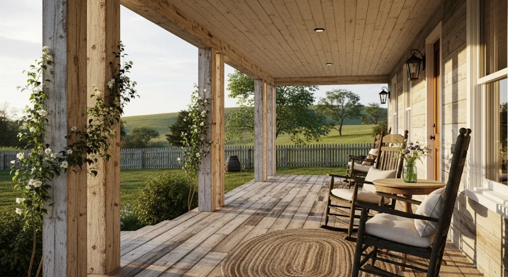 Authentic farmhouse style porch with reclaimed wood beams and whitewashed finish