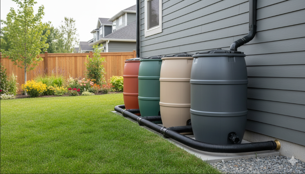 Multiple rain barrels linked together with connecting tubes to increase water storage capacity