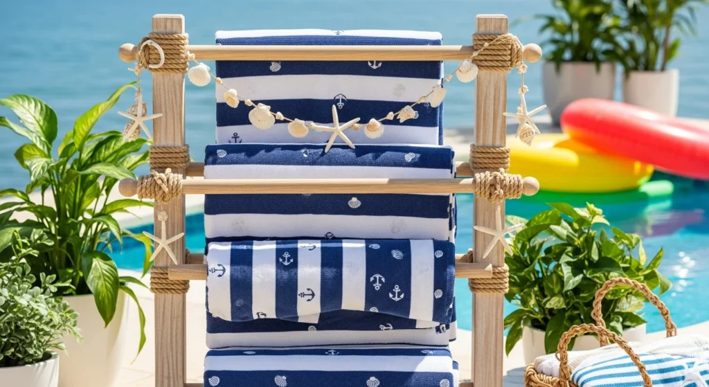 Wooden towel rack decorated with summer coastal elements including rope and seashells holding beach towels
