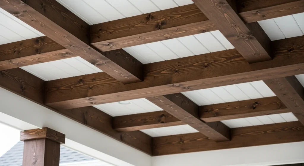  Front porch beams showcasing dark stained finish contrasting with white painted ceiling and trim
