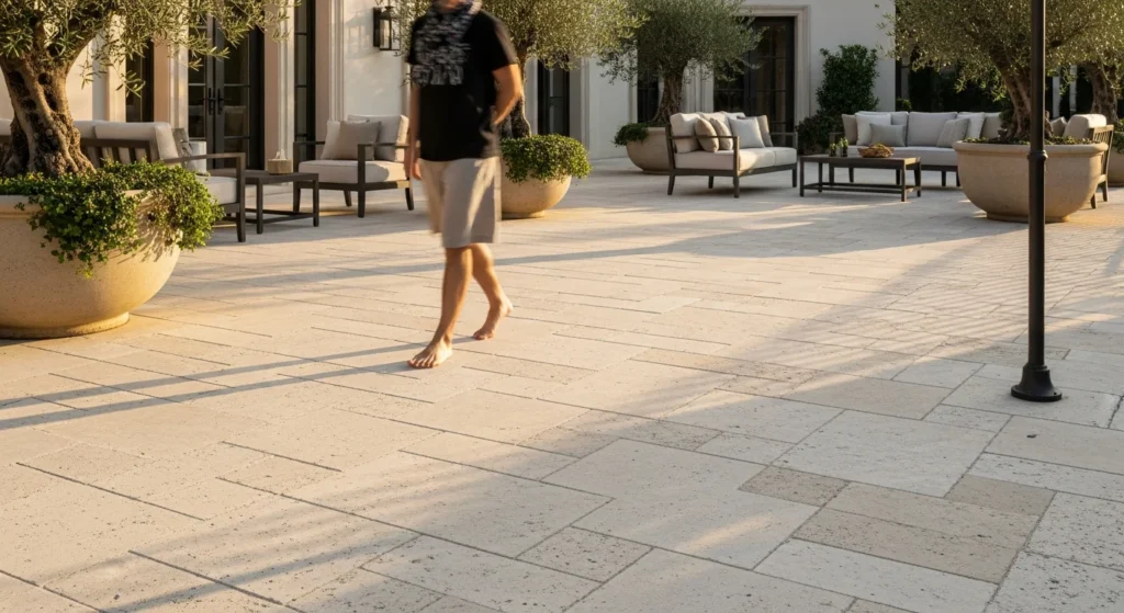 Light-colored travertine stone pavers creating an elegant cool-to-touch barefoot-friendly outdoor living space