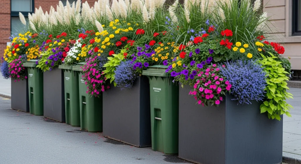 Tall decorative planter boxes with flowers screening outdoor trash cans