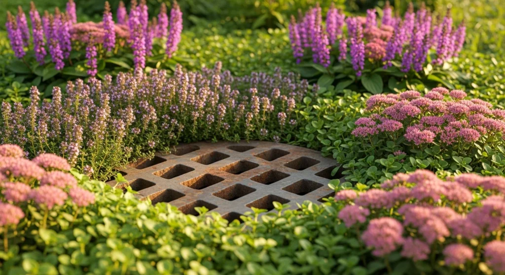 Storm drain grate concealed by strategic planting of ground cover and flowering perennials