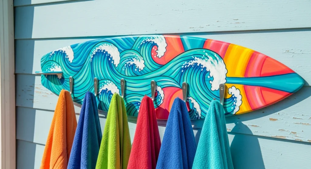 Colorful surfboard-shaped towel rack with tropical wave patterns holding beach towels on beach house wall
