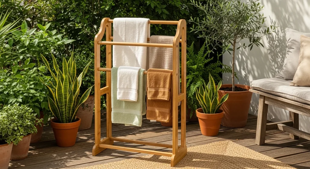 Natural bamboo towel rack with golden tones holding organic towels surrounded by green plants outdoors