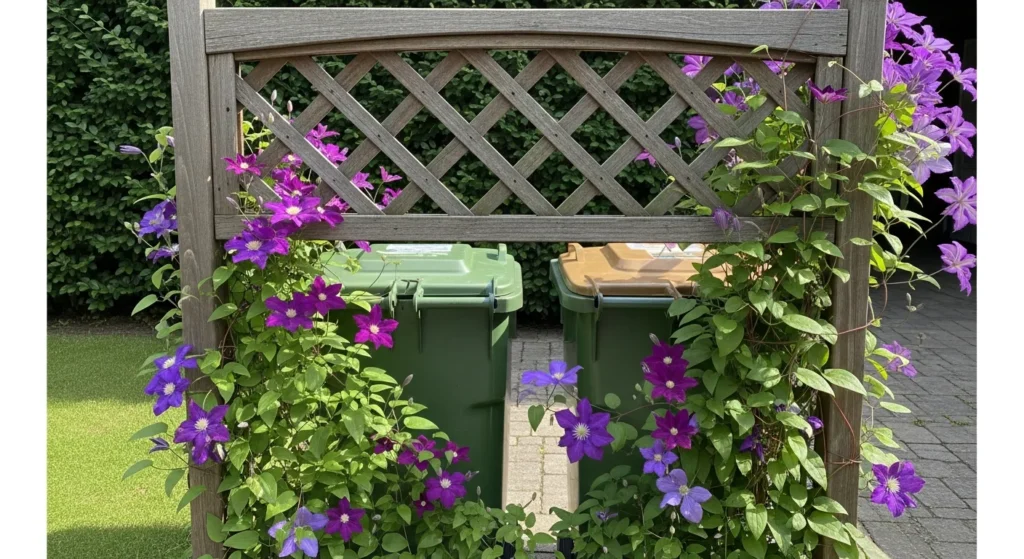 Garden trellis with flowering clematis vines hiding trash cans