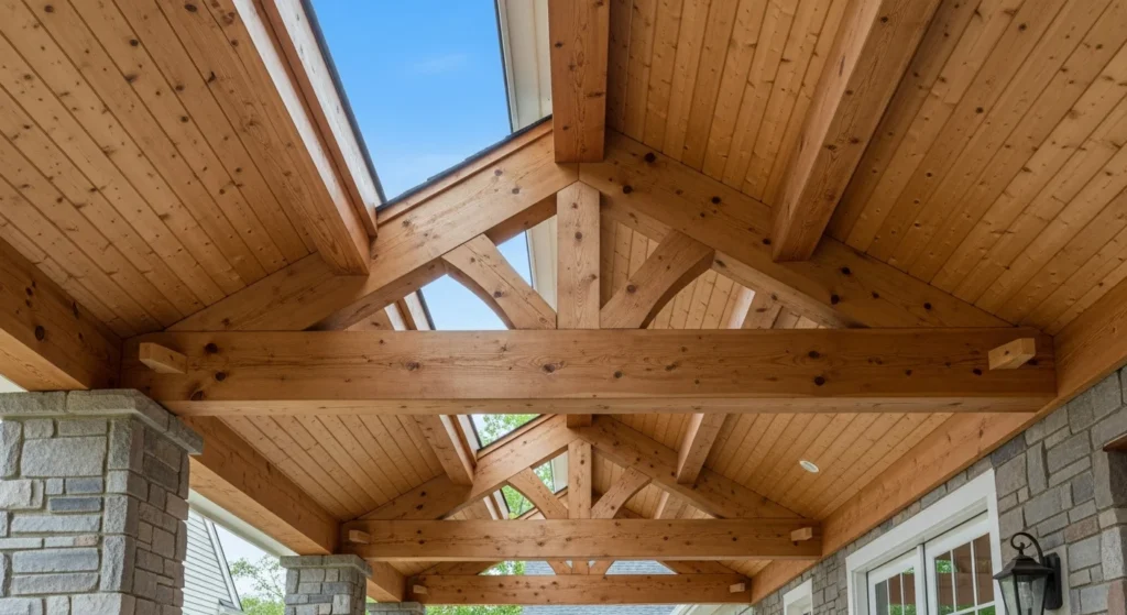  Detailed view of front porch structural beams supporting the roof overhang and creating architectural definition