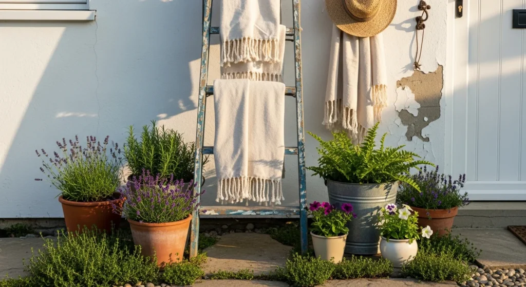 Distressed blue wooden ladder leaning on wall with linen towels draped over rungs in cottage-style setting