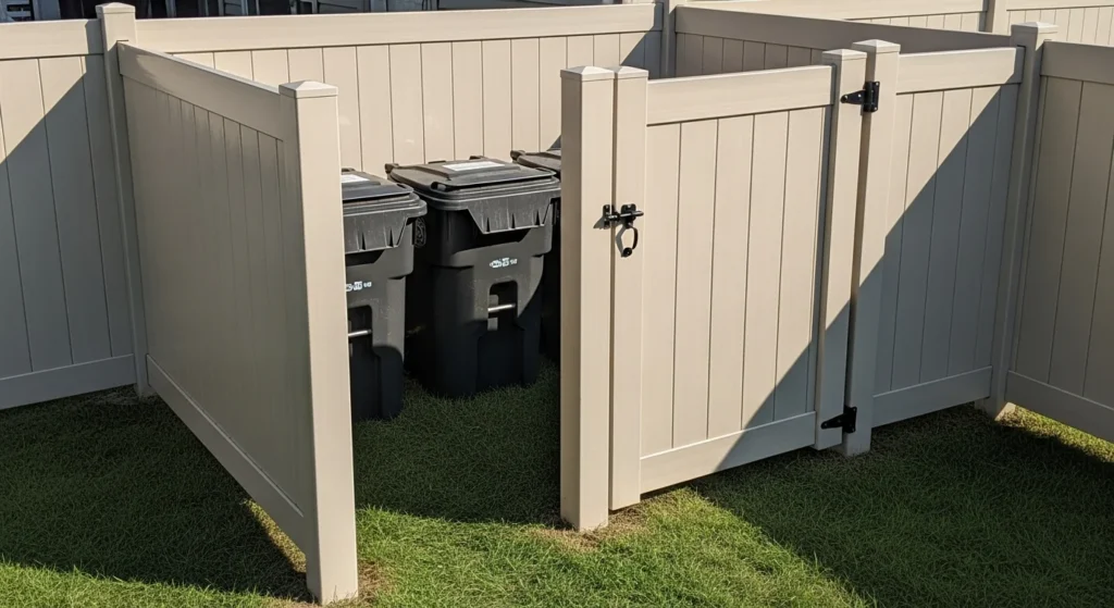 Privacy fence extension creating enclosed trash can storage alcove
