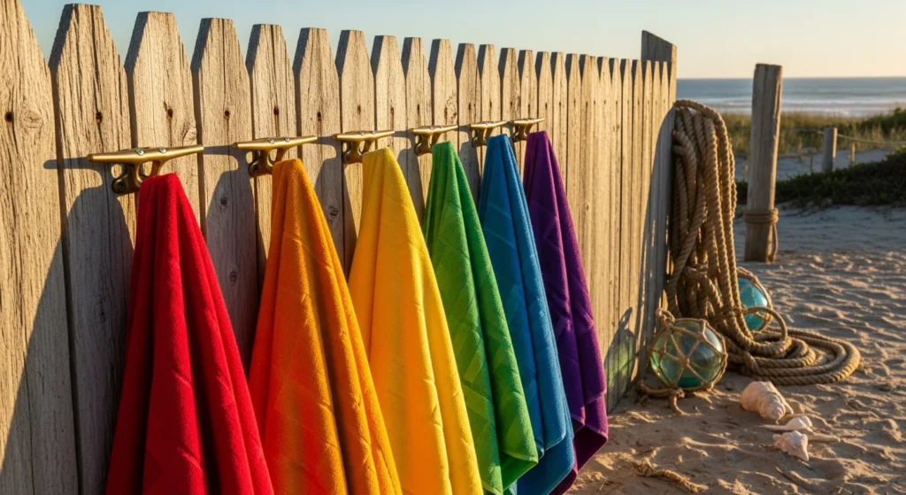 Brass boat cleat hooks mounted on wooden fence holding colorful beach towels in coastal outdoor setting