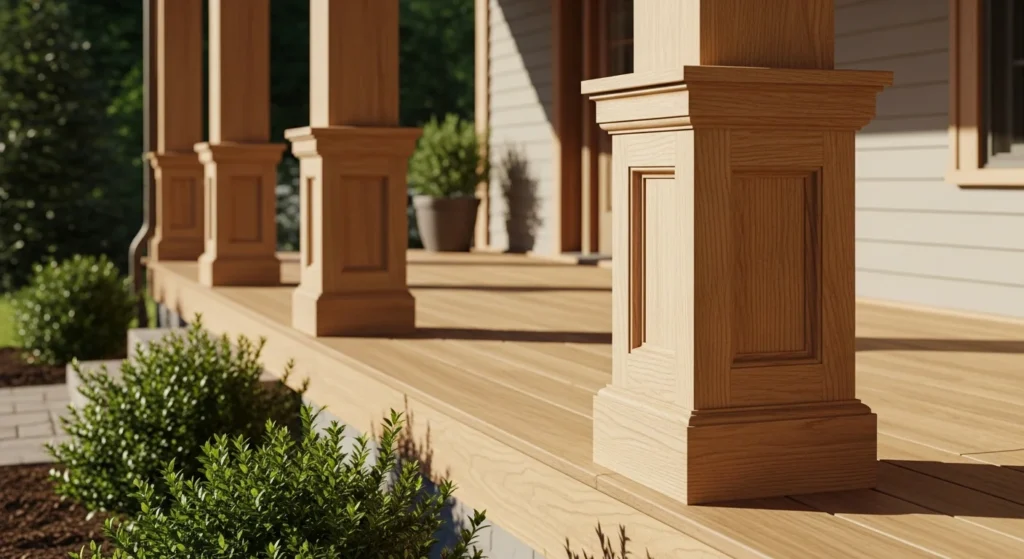 Decorative wrapped porch beams with trim boards creating dimensional box beam appearance