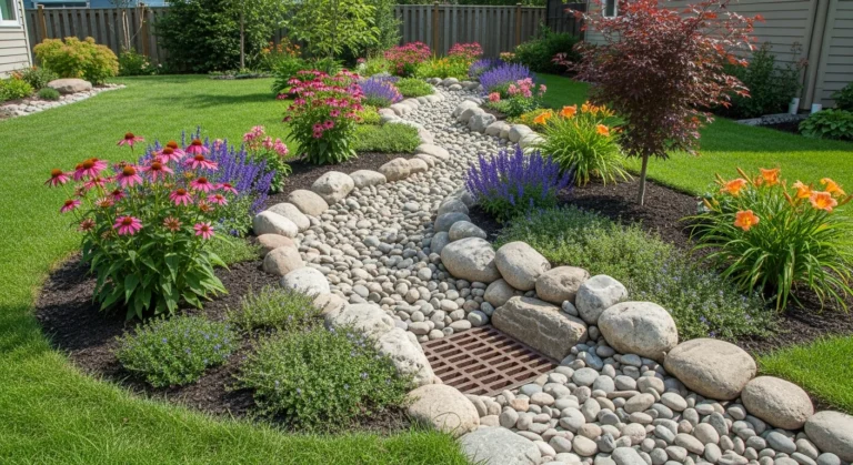 Backyard landscape featuring multiple creative ways to hide storm drains with plants, stones, and decorative elements