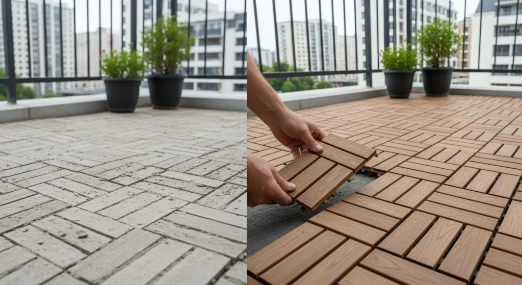 Modular interlocking deck tiles being easily installed over concrete patio for instant barefoot-friendly surfac