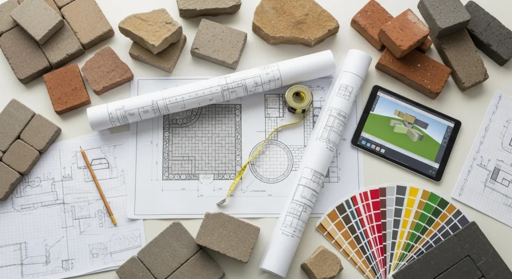 Hardscaping project planning materials including blueprints, material samples, and design tools