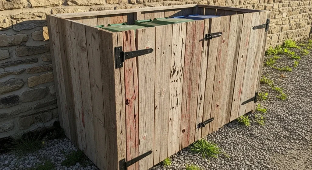 Repurposed reclaimed wood pallet screen concealing outdoor garbage bins