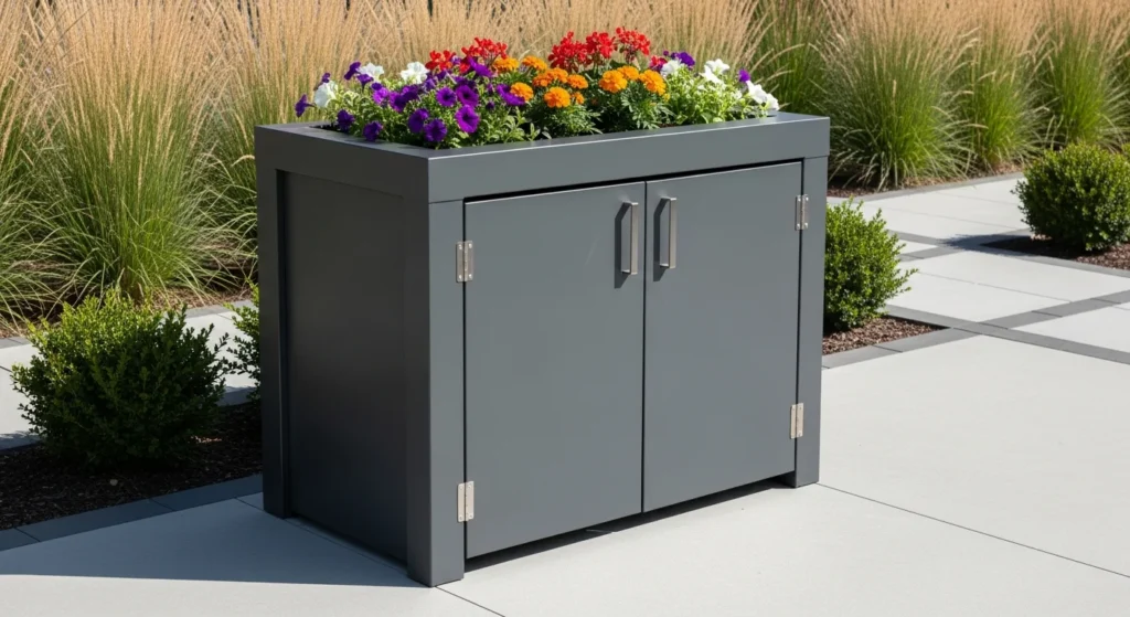 Pre-made metal trash can enclosure with integrated planter box
