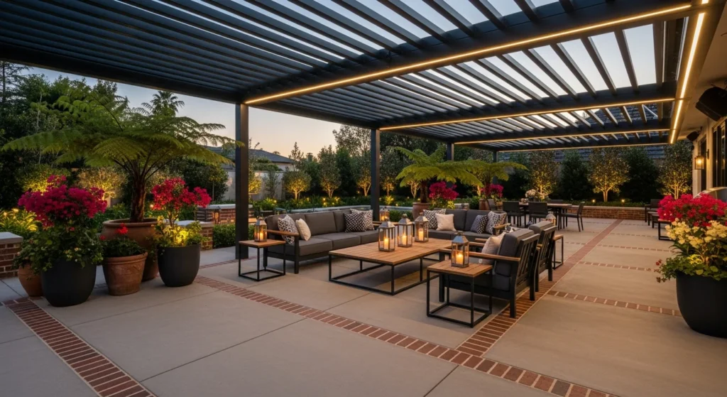 Inviting outdoor patio with mixed pavers, furniture, and pergola for entertaining