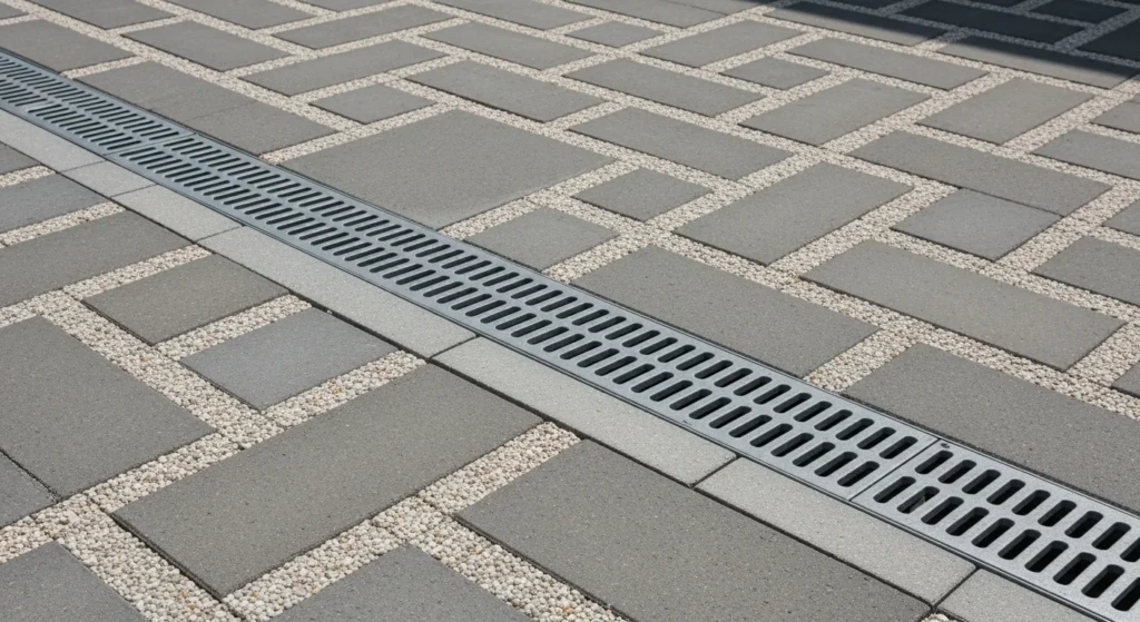 Permeable paver patio system with storm drain grate integrated into design