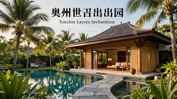 Luxury Bali-style home with tropical architecture, bamboo accents, lush greenery, and resort-inspired outdoor living.