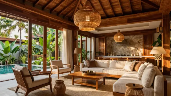 Luxury Balinese interior design featuring natural wood, tropical plants, warm lighting, and elegant resort-inspired décor.